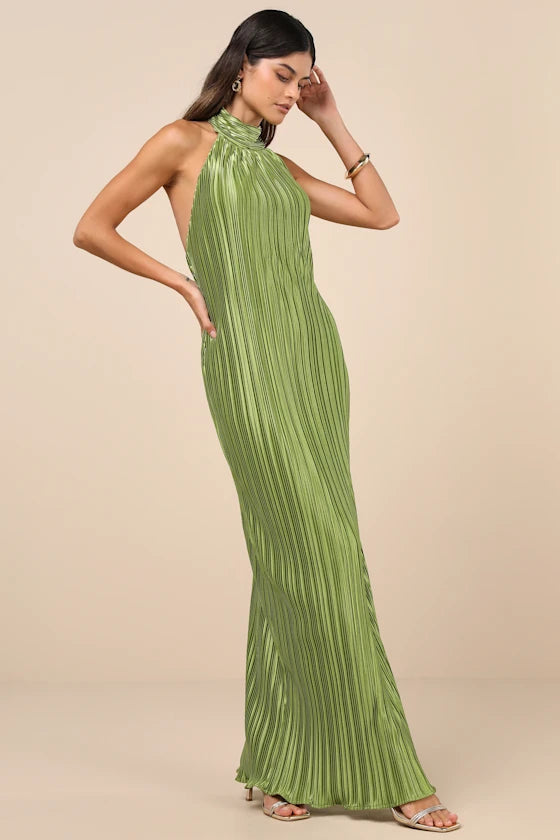 Gwenny Lime Green Satin Plisse Maxi Dress