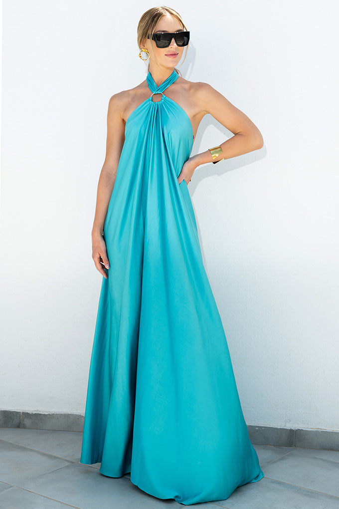 Satin  Elegant Maxi long Dress: Backless Halter Neck