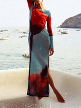 Load image into Gallery viewer, Mesh Floral Print Round Neck Long Sleeve Stretch Maxi Dress