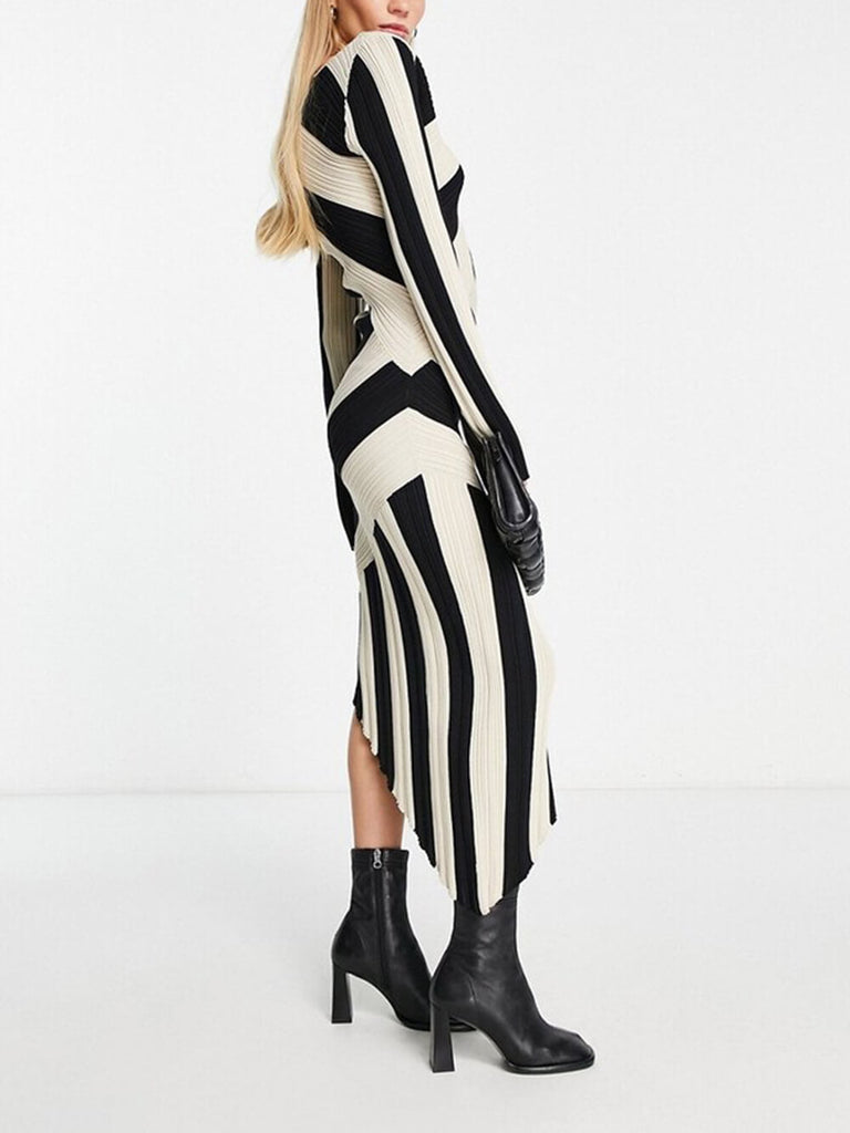 Black And White Stripe Knitted Asymmetric Midi Dress