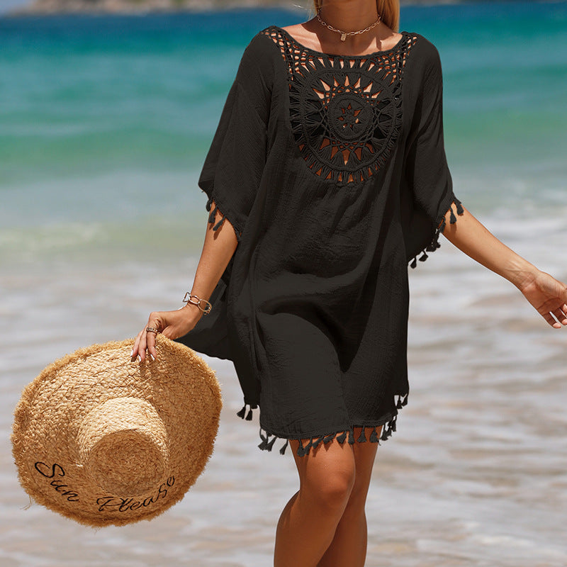 Hand Crochet Loose Fringe Sunflower Beach Blouse Cover Up