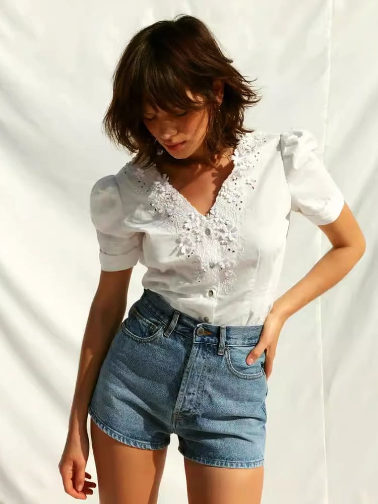 Embroidered Lace V-Neck Blouse