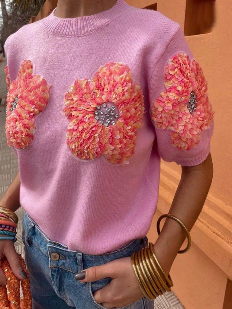 Sweet Contrast Color Flower Round Neck Short Sleeve Sweater