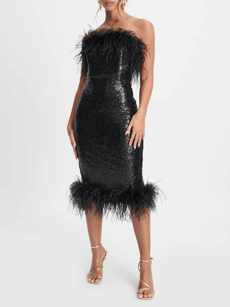 Robe mi-longue bandeau noire à sequins et bordure en plumes Sophia