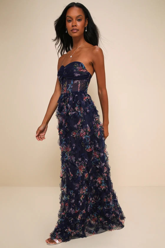 Stunning Element Mesh Ruffled Strapless Maxi Dress