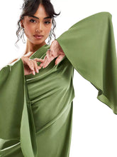 Load image into Gallery viewer, Green Asymmetrical Hem Satin Maxi Dress