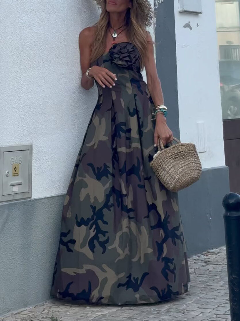 Fashionable Strapless Camouflage Print Maxi Dress