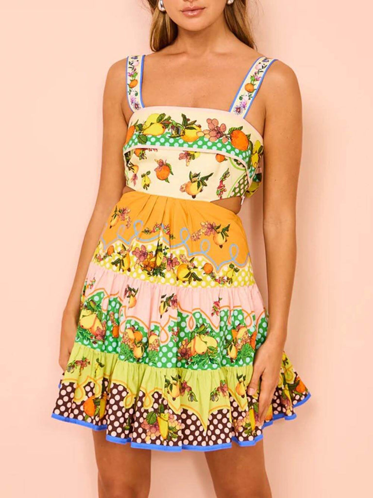 Robe courte d'été multicolore à ourlet pré-noué citron