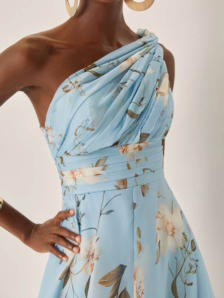 Light Blue Floral Ruched Chiffon One Shoulder Sleeveless A-Line Maxi Dress