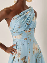 Carica l&#39;immagine nel visualizzatore di Gallery, Light Blue Floral Ruched Chiffon One Shoulder Sleeveless A-Line Maxi Dress