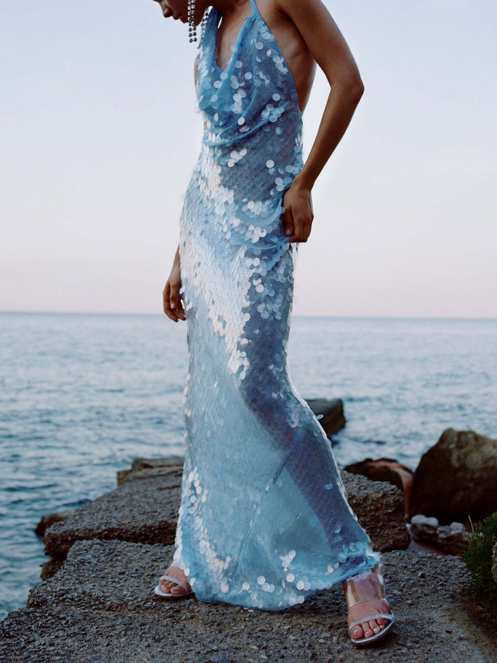 Elegant And Sexy Halterneck Sequined Fishtail Maxi Dress