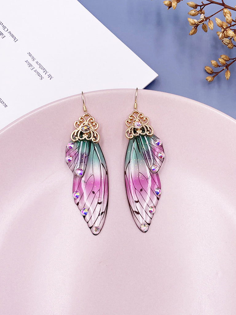 Boucles d'oreilles en cristal d'aile de cigale avec strass irisés et ailes de papillon