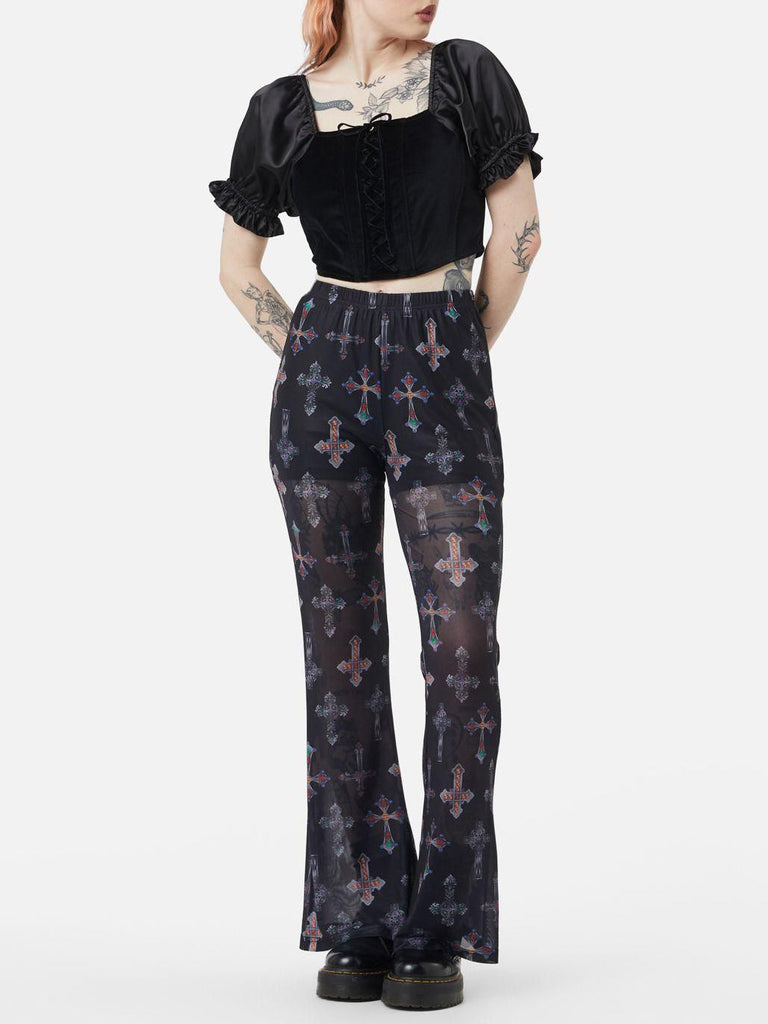 Fun Halloween Printed Mesh Flared Pants