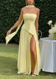 Strapless Slit Ribbon Maxi Dress