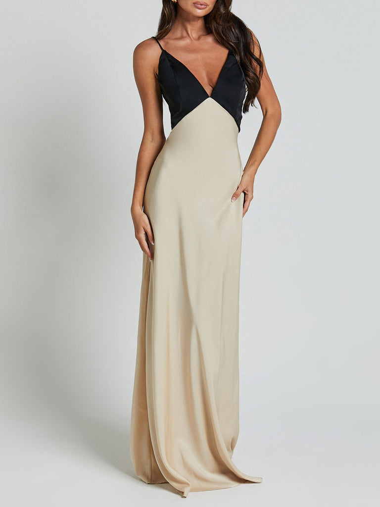 Exquisite Satin Contrast Color V-Neck Maxi Dress