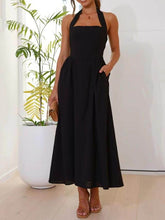 Load image into Gallery viewer, Halter Neck Waist Little Black Dress Mid Length Dress