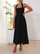 Load image into Gallery viewer, Halter Neck Waist Little Black Dress Mid Length Dress