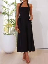 Load image into Gallery viewer, Halter Neck Waist Little Black Dress Mid Length Dress