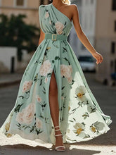 Load image into Gallery viewer, Light Green Floral Ruched One Shoulder A-Line Maxi Chiffon Dress