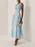 Light Blue Floral Ruched Chiffon One Shoulder Sleeveless A-Line Maxi Dress