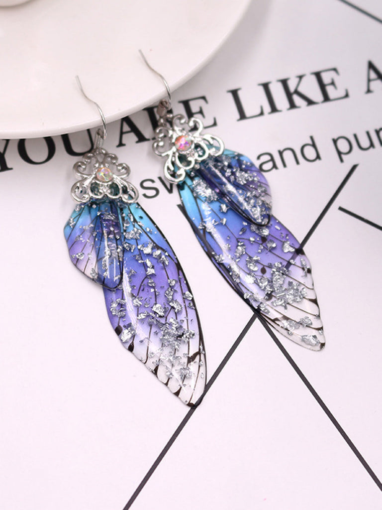 Boucles d'oreilles en cristal d'aile de cigale avec strass bleu et ailes de papillon