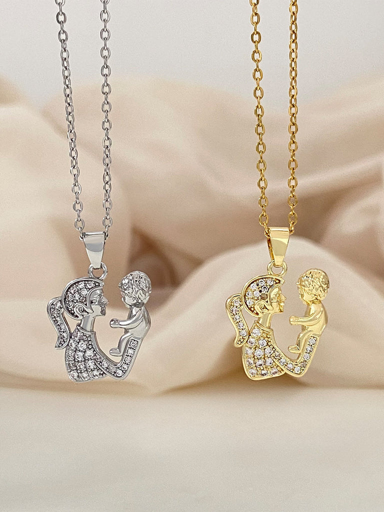 Micro-encrusted Zirconia Mother and Child Embrace Pendant Clavicle Chain