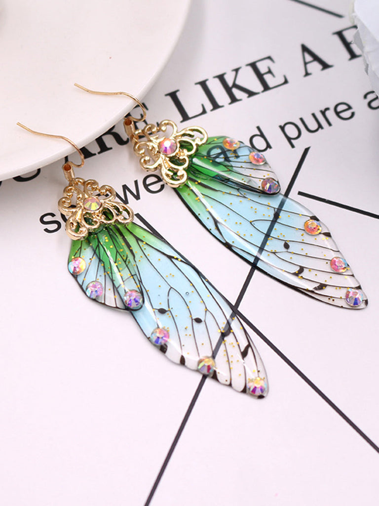 Boucles d'oreilles ailes de cigale en cristal strass vert aile de papillon 