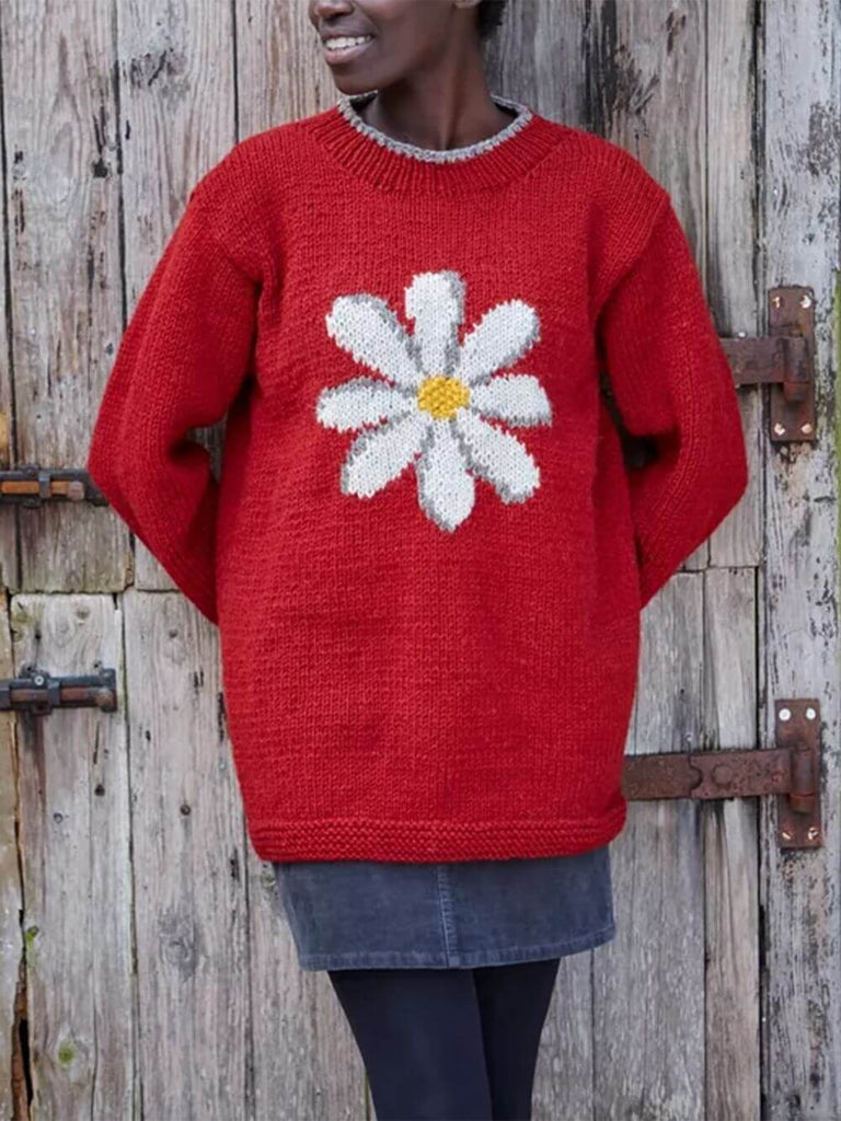 Pull rouge à motif marguerites vintage