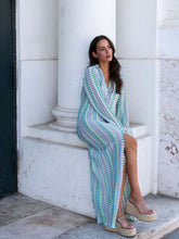 Load image into Gallery viewer, Boho V Neck Bell Sleeve Wavy Striped Crochet Beach Vacation Maxi Dress - Blue