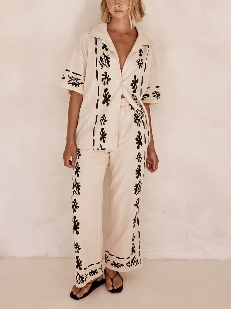 Black Printed Cream Wide Leg Pants-Set