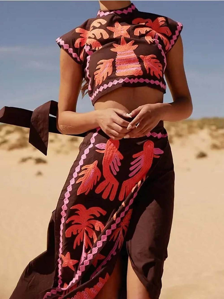 Fashionable Elegant High Waist Printed Short Sleeve Top and Skirt Set