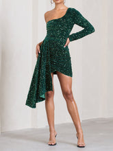 Load image into Gallery viewer, Green Sequin Velvet One Shoulder Mini Dress