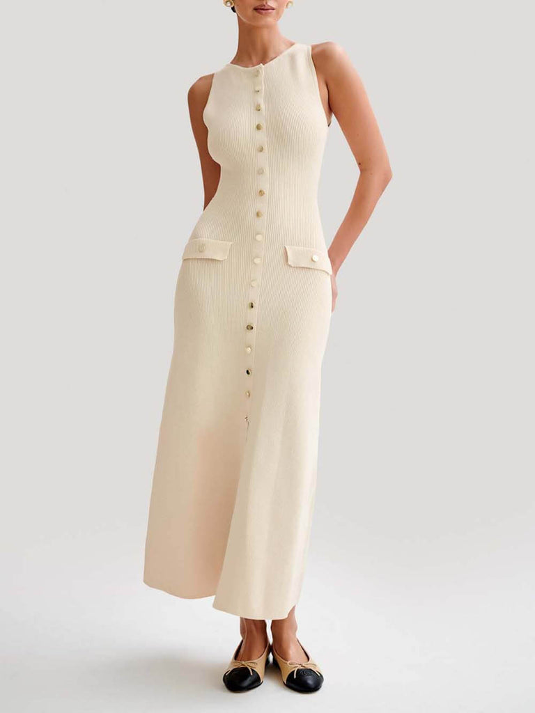 Elegant Crew Neck Buttoned Sleeveless Knit Midi Dress