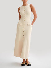 Load image into Gallery viewer, Elegant Crew Neck Buttoned Sleeveless Knit Midi Dress