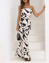 Load image into Gallery viewer, Satin Geometric Print Off Shoulder Maxi Dress