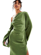 Load image into Gallery viewer, Green Asymmetrical Hem Satin Maxi Dress