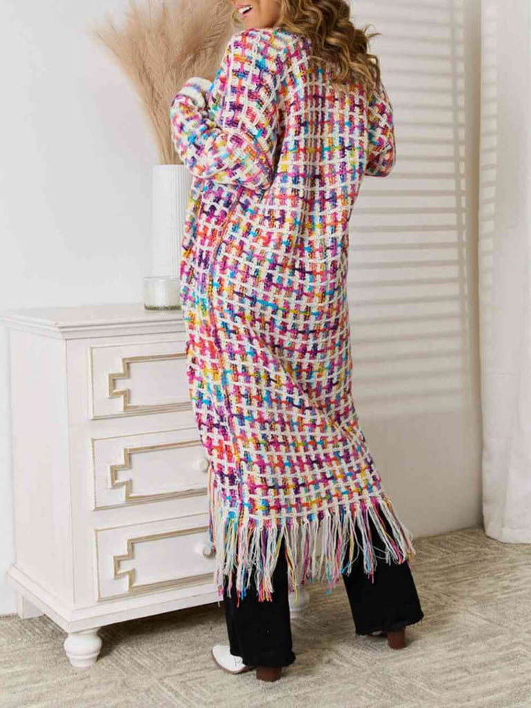 Cardigan long à ourlet à franges multicolores style bohème