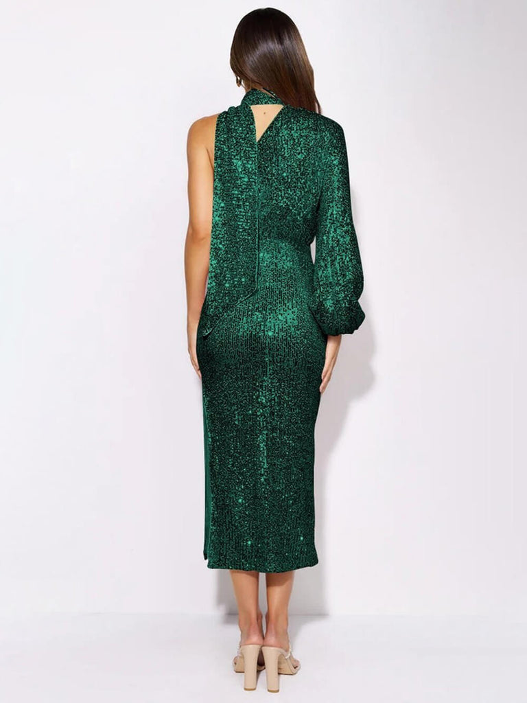 Robe mi-longue asymétrique à sequins et col licou