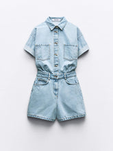 Load image into Gallery viewer, Mini Denim Cuffed-Romper-Blue