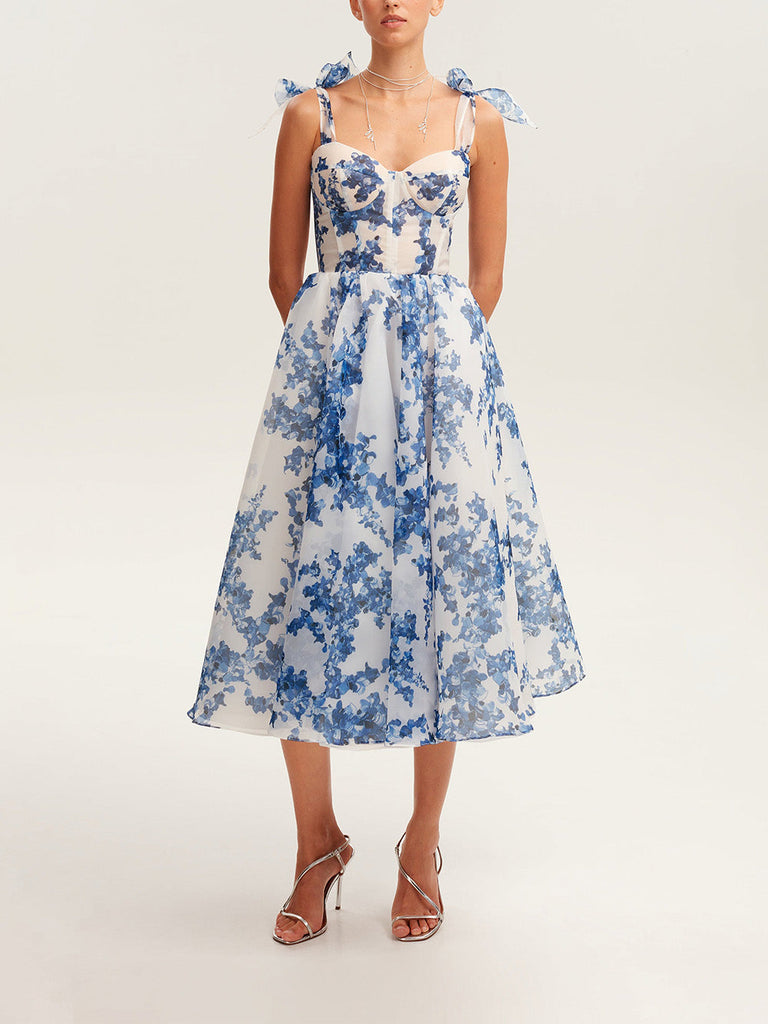 Tender floral midi tie-strap dress