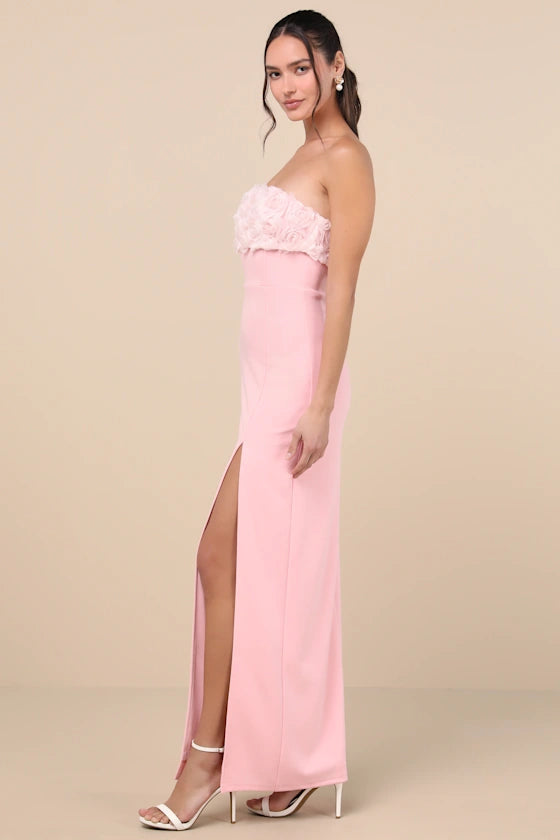 Fiore Light Pink 3D Rosette Strapless Maxi Dress