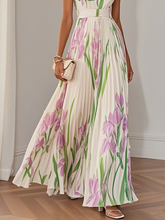 Load image into Gallery viewer, White Pleated Floral Chiffon Square Neck Sleeveless A-Line Maxi Dress