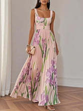 Load image into Gallery viewer, White Pleated Floral Chiffon Square Neck Sleeveless A-Line Maxi Dress