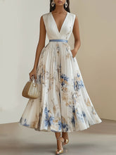Load image into Gallery viewer, Spring New White Pleated Floral Chiffon V Neck Sleeveless A-Line Midi Dress