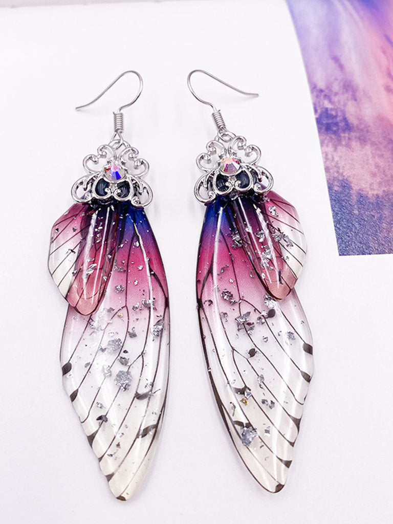 Boucles d'oreilles ailes de papillon en cristal violet avec strass et ailes de cigale