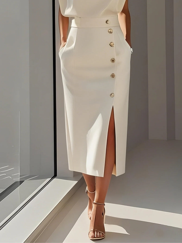 Off White Button Slit Crew Neck Sheath Midi Dress