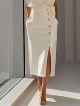 Load image into Gallery viewer, Off White Button Slit Crew Neck Sheath Midi Dress
