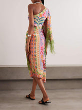 Load image into Gallery viewer, Fine Satin Art Palm Tree Floral Print Fringed Midi Dress
