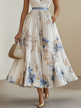 Load image into Gallery viewer, Spring New White Pleated Floral Chiffon V Neck Sleeveless A-Line Midi Dress