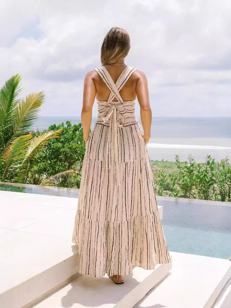 Elastic Shirring Back Beige And Black Print Maxi Dress